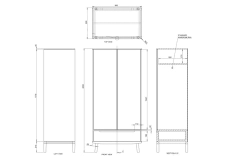 Boston 2 Door & 1 Drawer Wardrobe - Oakano Furniture